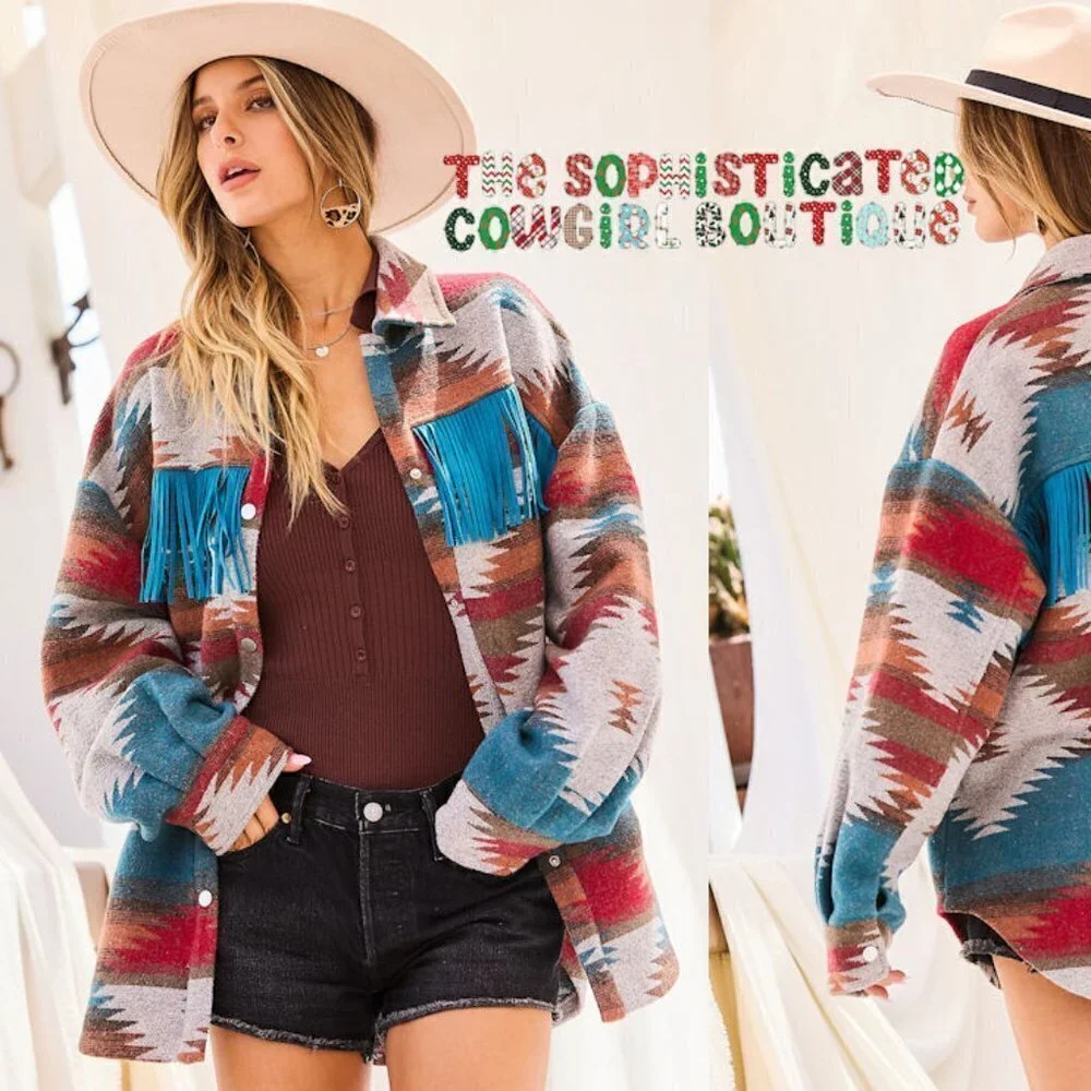 THE SHYSIE WOMENS AZTEC PRINT FRINGED JACKET CREAM NWT